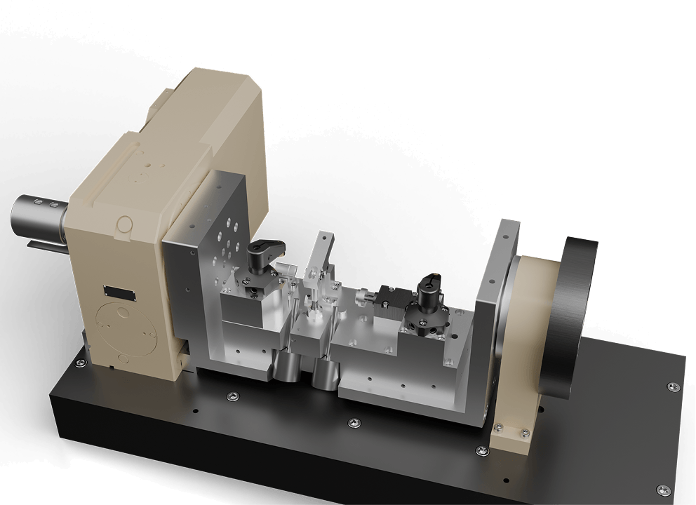 Custom rotary workholding fixture with multi-station tombstone base, indexing headstock, and precision tooling blocks for simultaneous multi-part machining on a CNC machining center