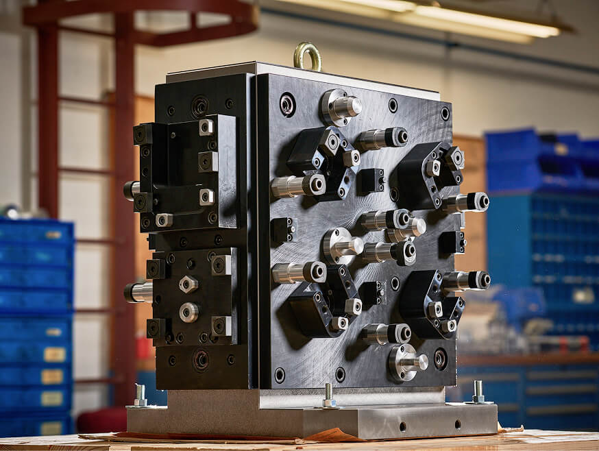 Custom multi-face workholding fixture with hydraulic clamps and precision locating pins, machined steel construction