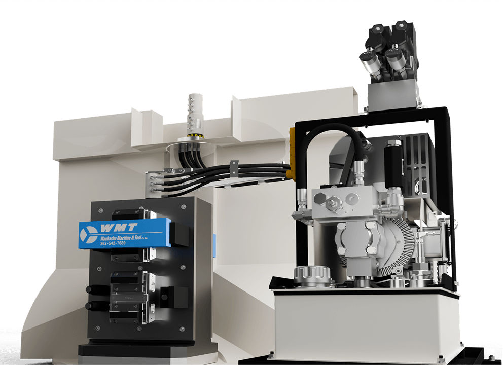 Waukesha Machine & Tool custom hydraulic workholding system with multi-station fixture plate, hydraulic power unit, and integrated hose routing mounted on a CNC machining center