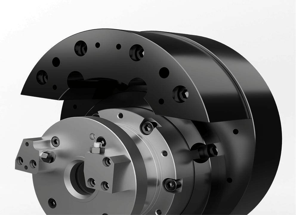 Exploded view of a precision hydraulic chuck assembly with flanged body, front plate, and internal workholding components on black background